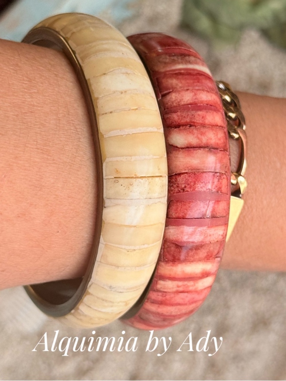 Vintage Red and Cream Stacked bone Tile Bangle Pair